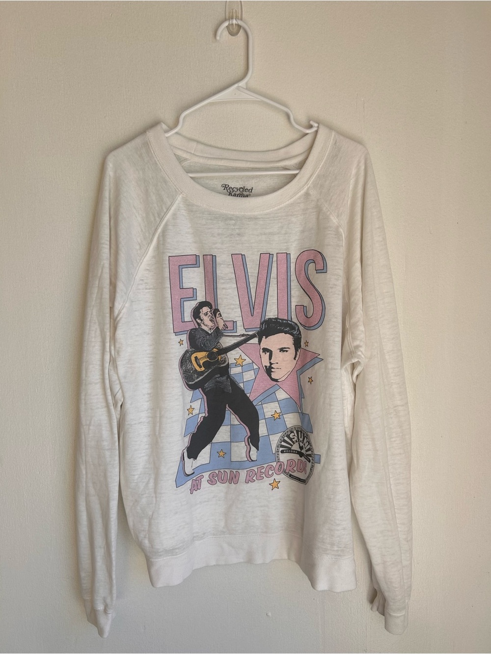 Karma White Elvis Graphic Crewneck Sweatshirt with Pink & Light Blue Accents